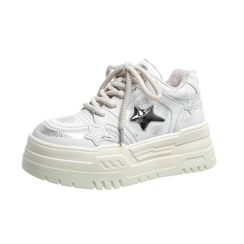 Women Casual Shoes:Thick Sole Increase Height Simple Design Print Star Lace-up Vintage Versatile,Gold/Silver,Free shipping