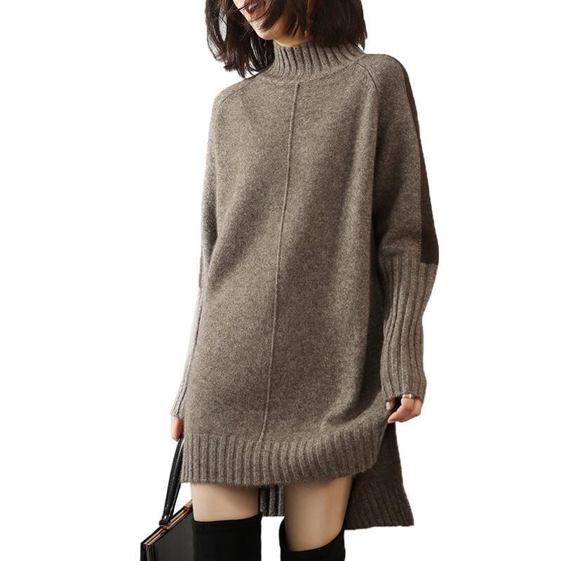 F00 Autumn new style half turtleneck color matching dress sweater women's mid-length top loose large size knitted skirt outer wear