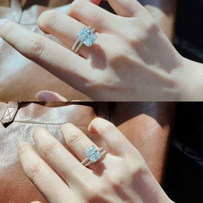 Hot Selling 925 Sterling Silver Gold Plated Moissanite Engagement Wedding Set Rings 4CT Radiant Moissanite Ring