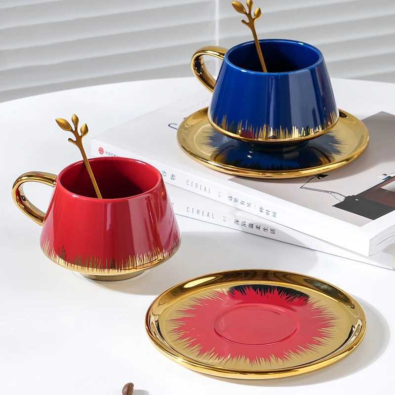 300ml Nordic Light Deluxe Gold Plated Coffee Cup Creative Premium He Ceramic Water Cup Simple Detachment Plate Set Y241211