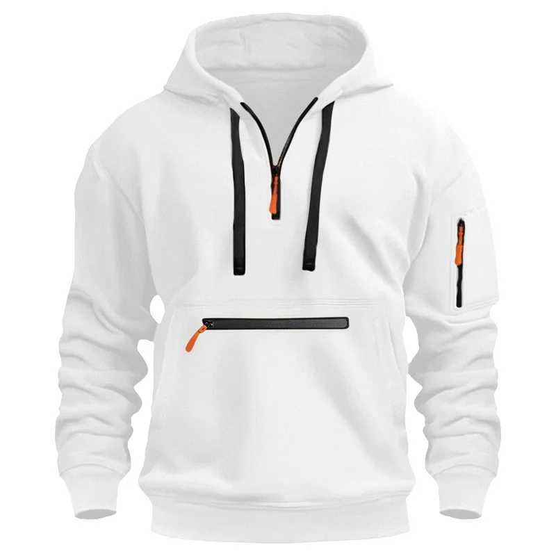 Mens casual sports hoodie spring and autumn fashion arm pocket drawstring cover solid color loose long sleeved shirt drawstring W2401211