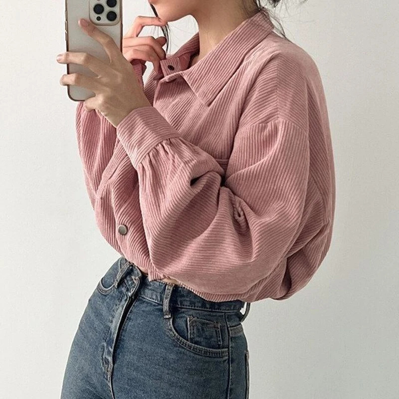 Rimocy Chic Pockets long sleeved cut shirt suitable for Corduroy Drawstring short Korean women wild solid color jacket 241211