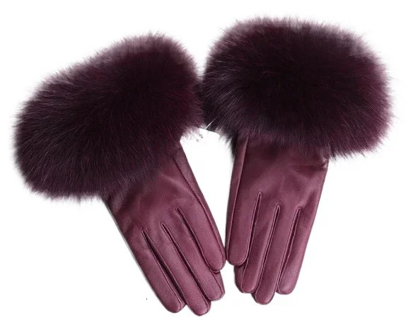 Sheepskin Natural Fox Fur Decorative Gloves Womens Genuine Leather Wrist Warmth Gloves Winter Warmth Fashion Gloves Wool Lining 241212