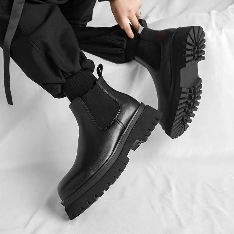 High Quality Fi Mens Boots Black Boots Fi Casual British Style Thick Bottomed Mid-top Chelsea Boots Large Size 38-45XJ241212