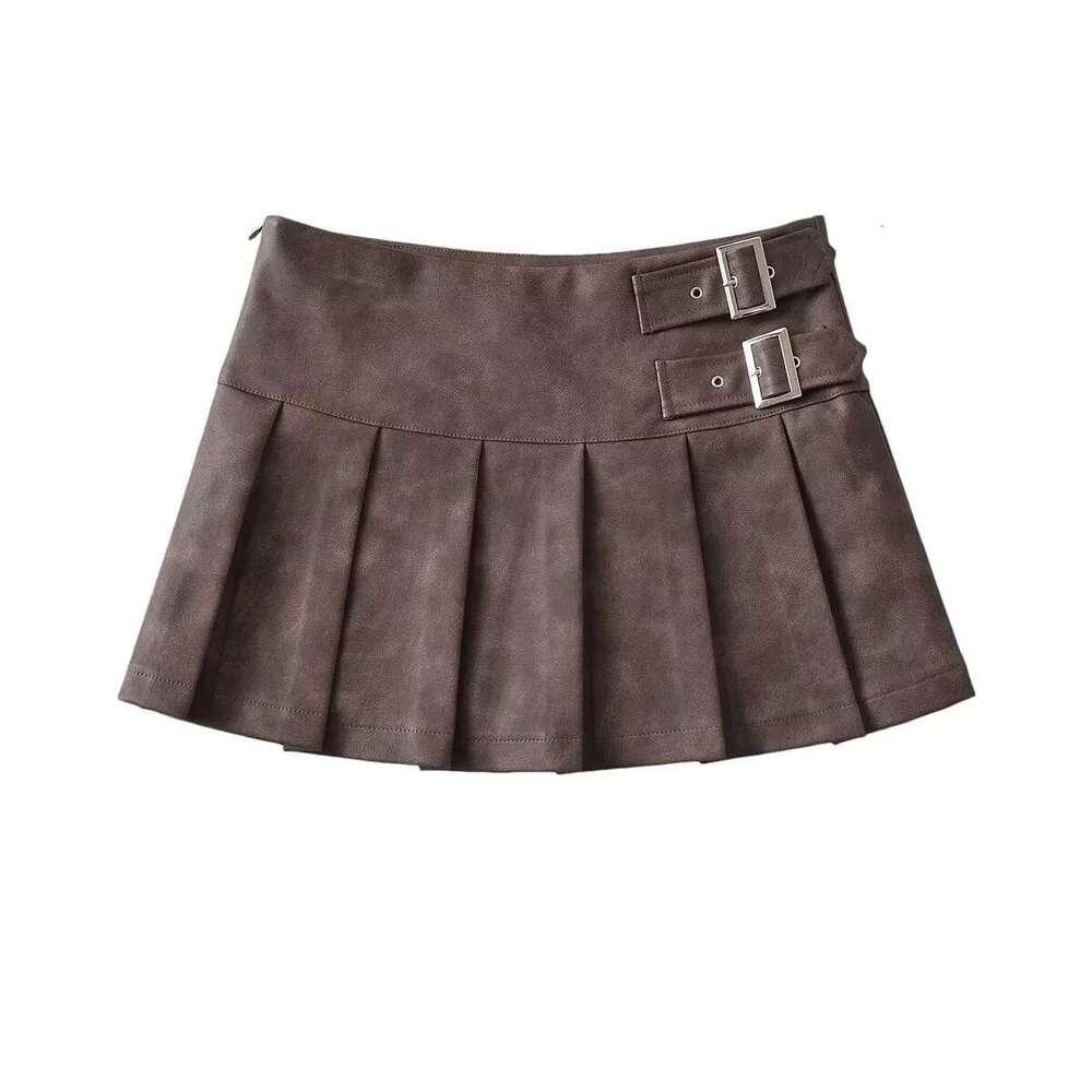 autumn spicy girl retro mid low waist vintage women's age reducing anti slip pleated PU leather A-e short skirt, 2024 new style, chic and elegant