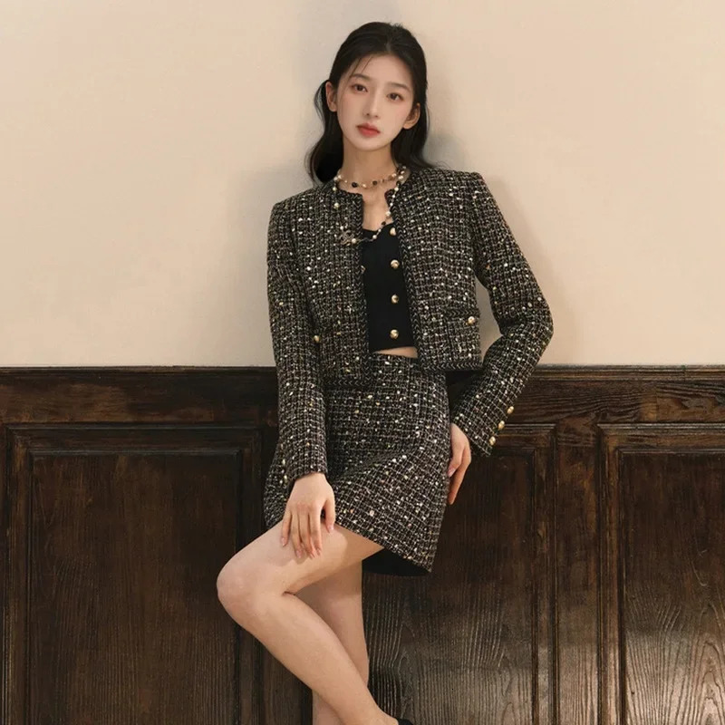 Womens Blingbling Crystal Short Tweed Jacket and Mini Skirt Dress Set Highend Clothing Sequins Early Autumn 3 Piece 241211