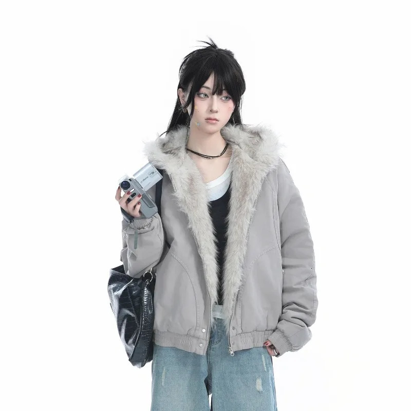 Y2K fashion niche fur collar cotton hooded jacket womens retro streetwear loose and velvet warm Harajuku casual plush jacket 241210