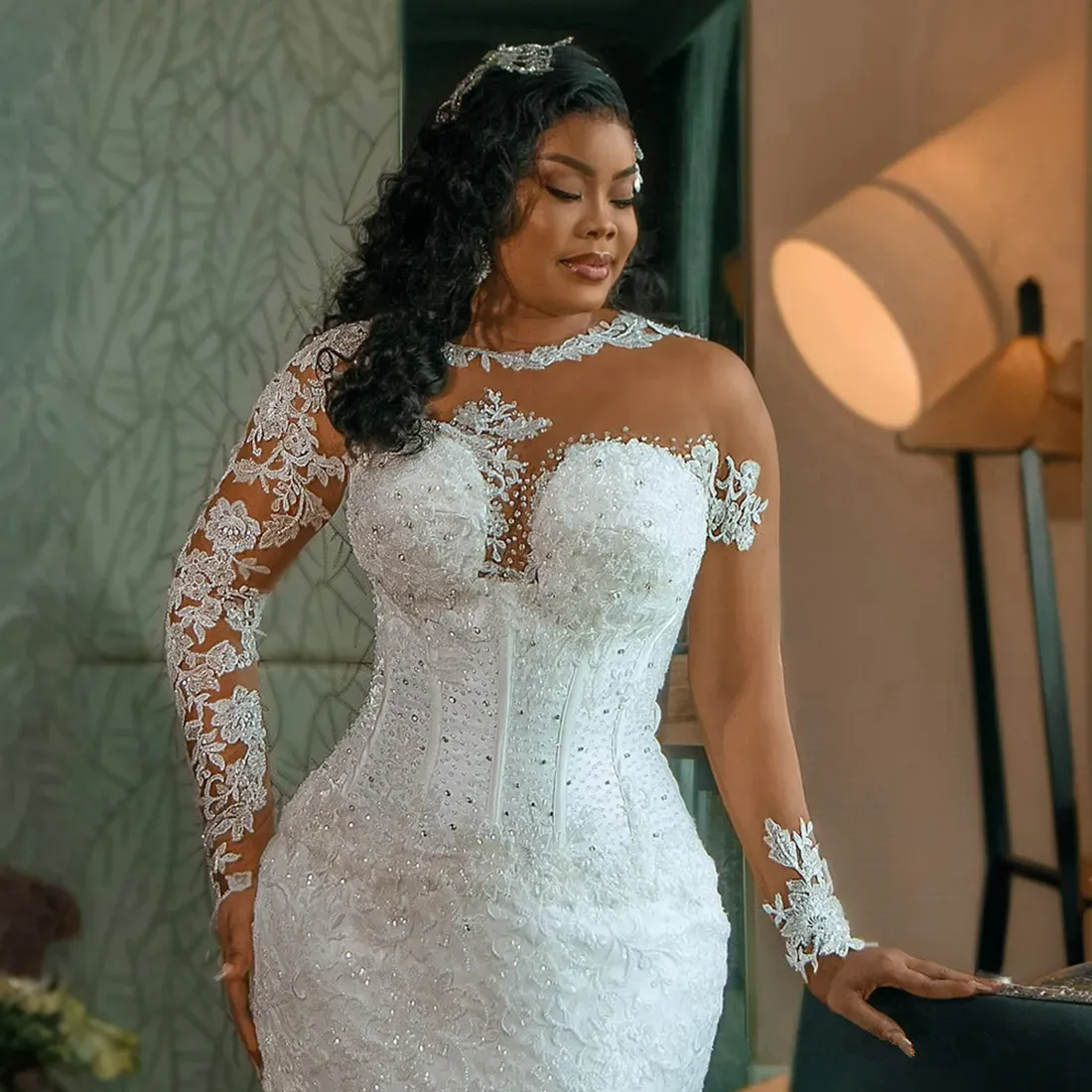 Plus Size Illusion Mermaid Wedding Dresses Long Sleeves Bridal Gowns With Detachable Train Beaded Lace Wedding Gown for African Black Women Brides