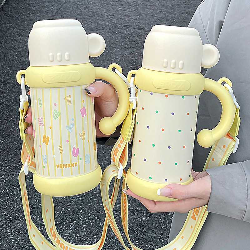 1Pc simple small stainless steel hot cup 800ml girl outdoor travel large capacity direct drinking straw cup easy to use with hand strap Y241211
