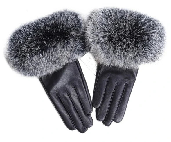 Sheepskin Natural Fox Fur Decorative Gloves Womens Genuine Leather Wrist Warmth Gloves Winter Warmth Fashion Gloves Wool Lining 241212