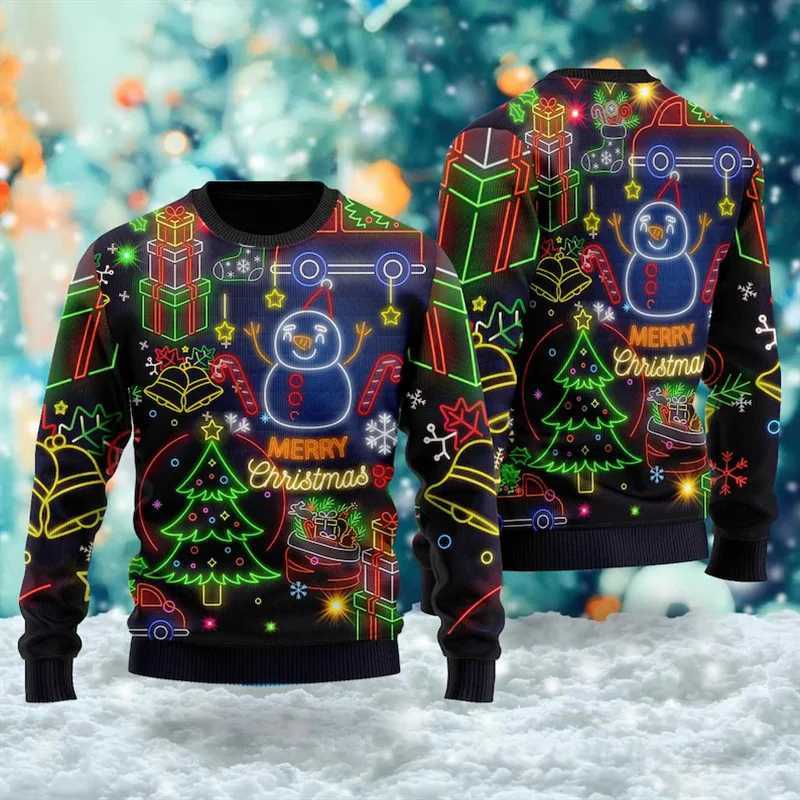 3D printed Christmas ugly sweater with colorful patterns mens holiday Pullover top snowman gingerbread 2025 fashion trend sweater W2401211