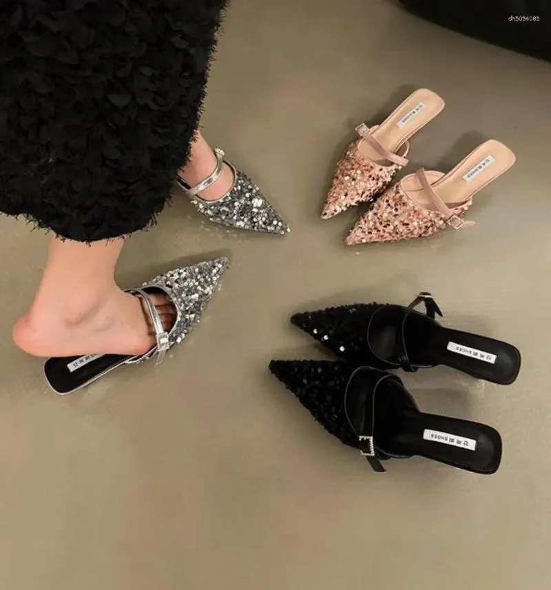 Slippers Spring/Autumn Fashion Sexy Women Shoes Elegant String Bead Crystal Slip-On Chunky Heel Mules Slipper 2024 Dresses