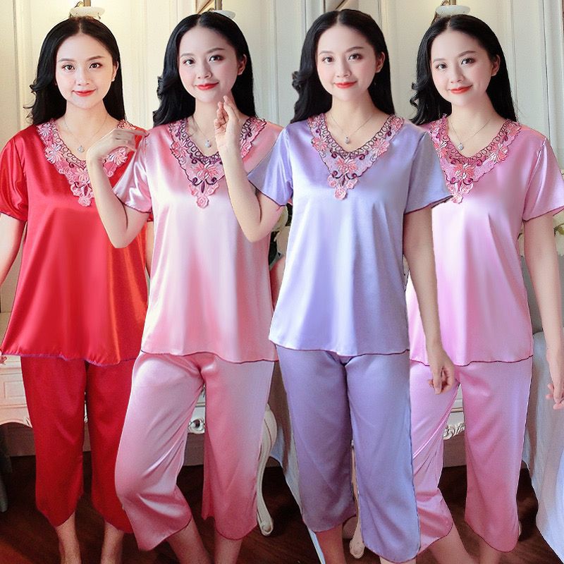 B495-Spring and autumn women's ice silk pajamas women's summer short-sleeved nine-point pants new large size suits noble two-piece suits