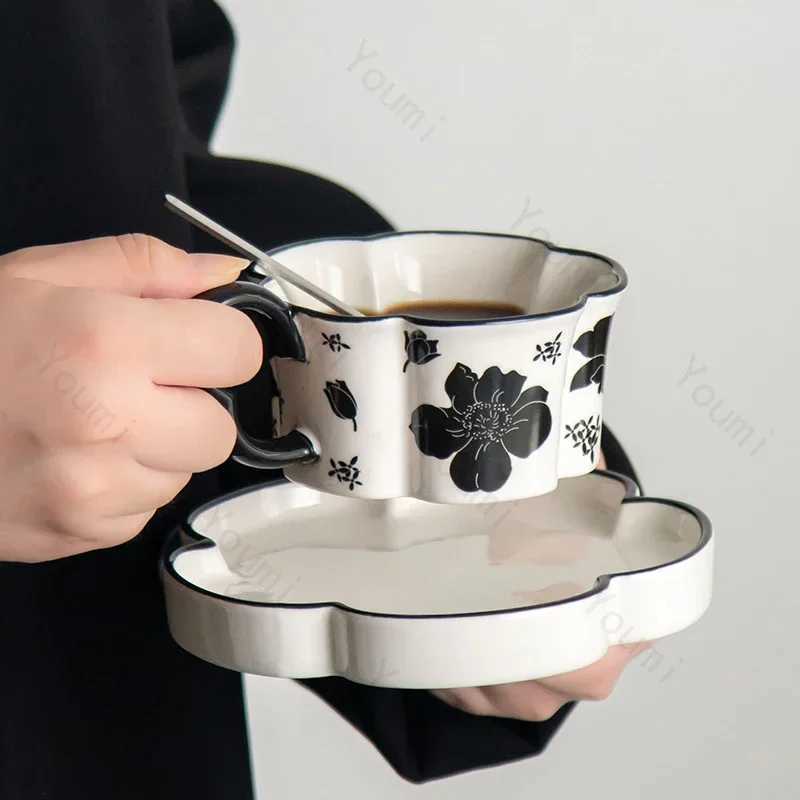 Luxury ceramic coffee cup retro exquisite floral couple GS breakfast oatmeal milk cup high-end water cup Y241211
