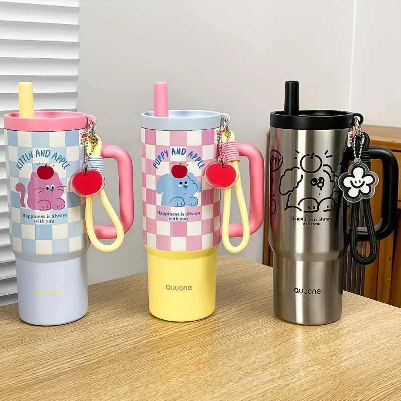 1Pc Couple Cute Dog Hot Cup 800ml Large Capacity Suitable for Students and Non Workers Holding Coffee Cup with Handle Straw Pendant Y241211