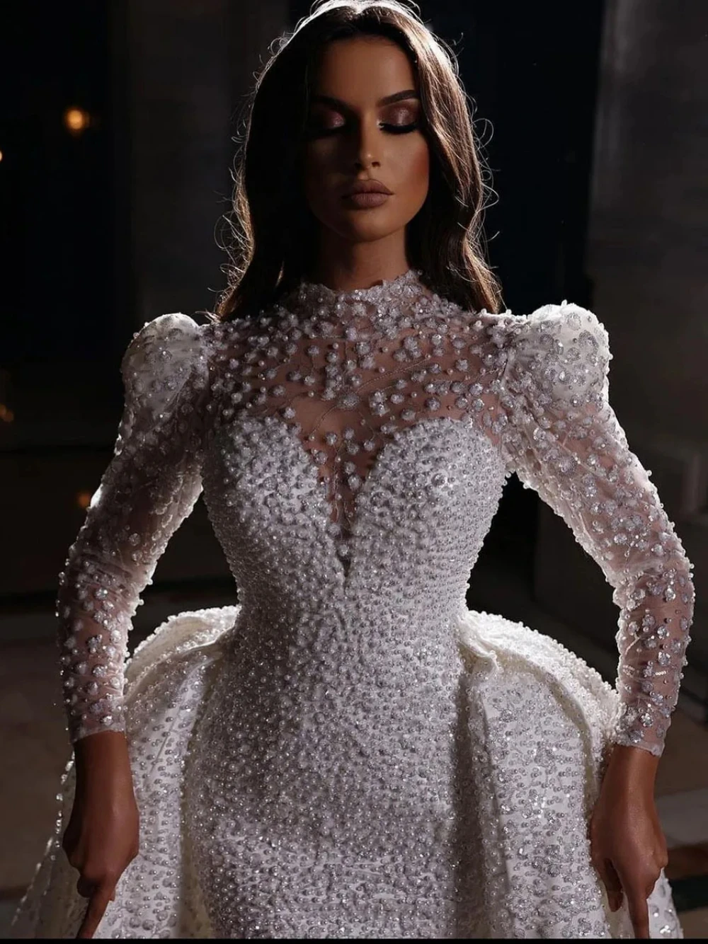 Vintage Mermaid Wedding Dresses For Women High Collar Long Sleeves Gown Sequins Applique Detachable Train Customized Dress Party Vestido De Novia