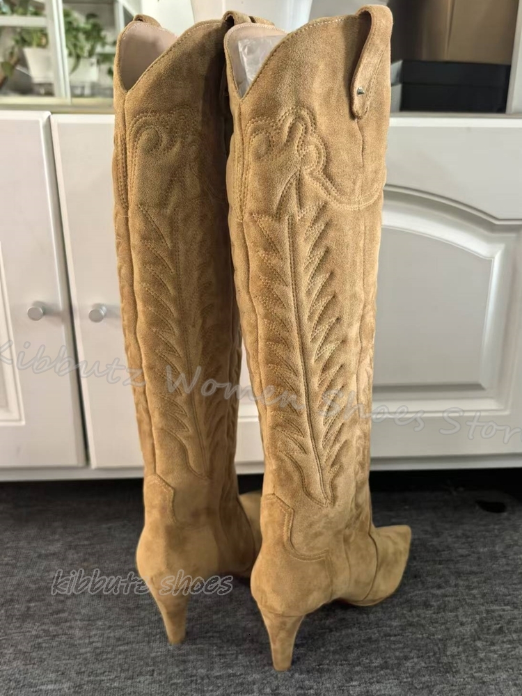 Totem Cowboy Knee High Boots Vintage Concise Elegant Fashion Slip-On Pointed Toe Thin Heels Women Shoes New Solid Color