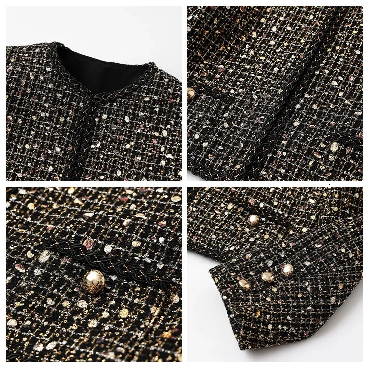 Womens Blingbling Crystal Short Tweed Jacket and Mini Skirt Dress Set Highend Clothing Sequins Early Autumn 3 Piece 241211