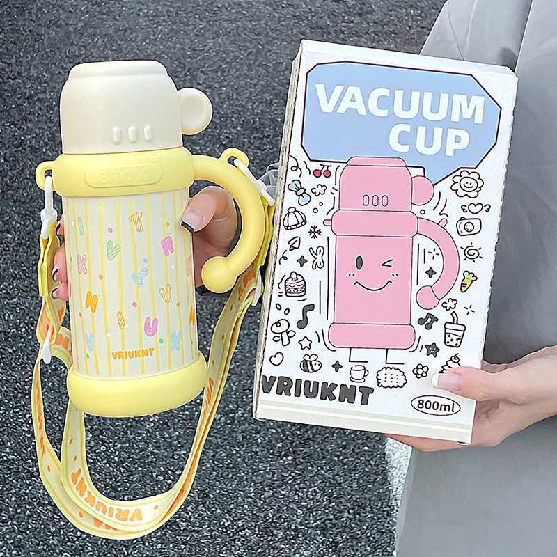 1Pc simple small stainless steel hot cup 800ml girl outdoor travel large capacity direct drinking straw cup easy to use with hand strap Y241211