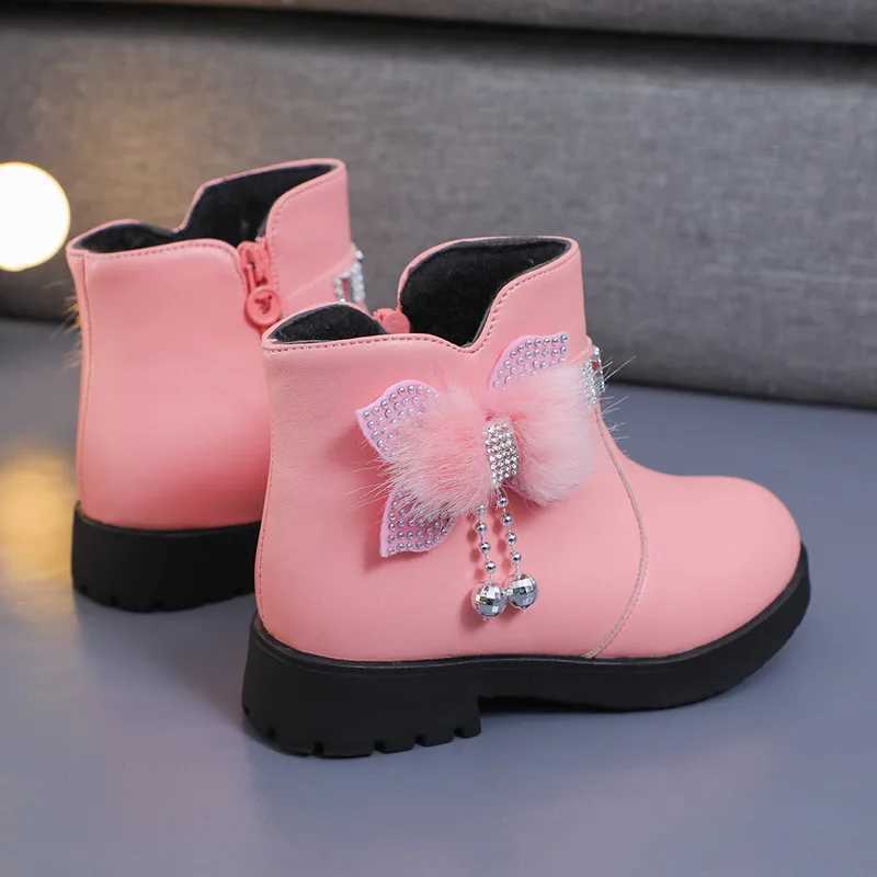 Boots Girls Children Princess Shoes with Butterfly Knot Soft Sole High Top Studded Kids Casual PU Leather Pure Color H241212T8QQ