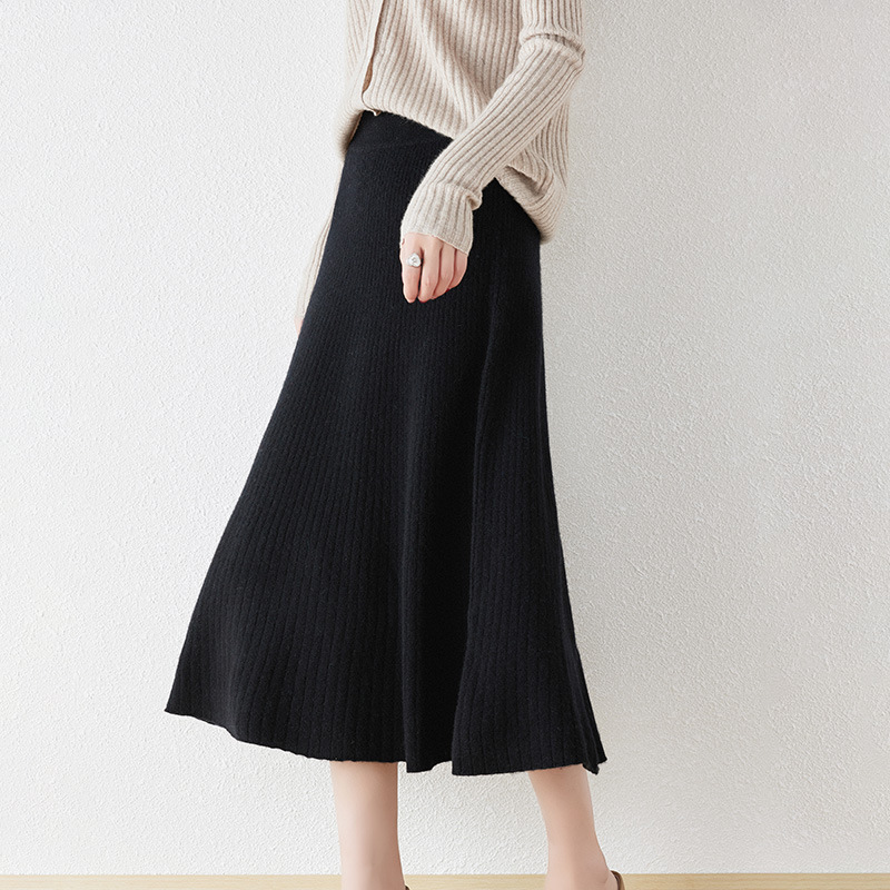 B721New wool skirt A version slim all-match skirt women's thickened knitted umbrella skirt large size solid color skirt