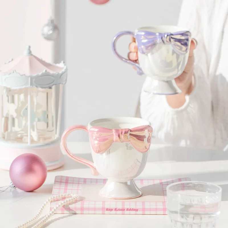 Creative and exquisite girl bow ceramic cup with high aesthetic value coffee and dessert high footed cup Y241211