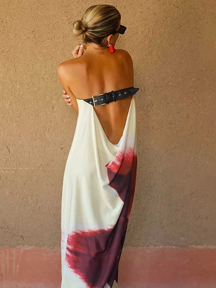 Urban Sexy Dresses JULISSA MO Sexy Strapless Print Floral Belt Women Maxi Dress Yellow Backless Vacation Dress Autumn Loose Elegant Party Beachwear D2