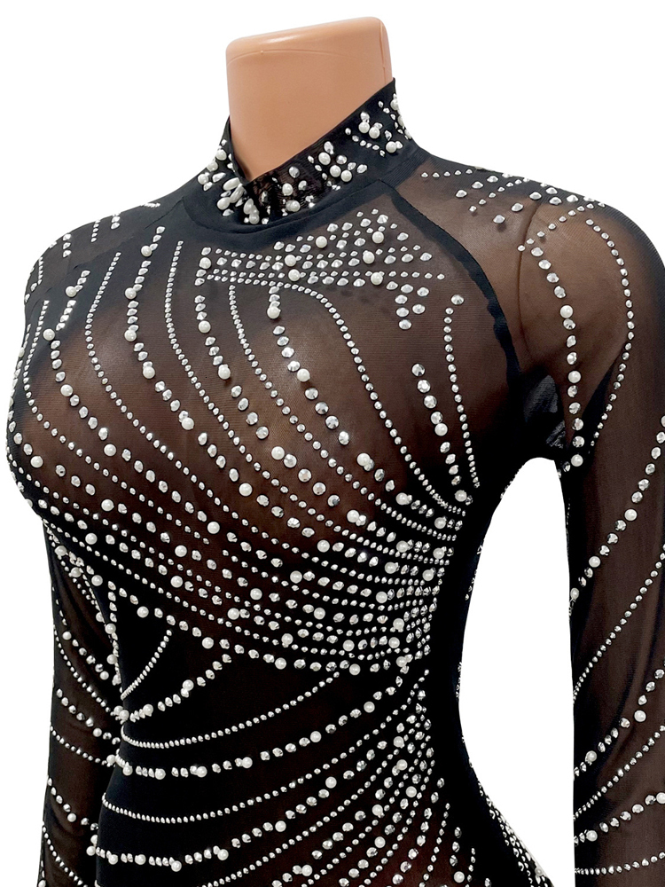 Idress Sexy Pearls Rhie Party Dresses Women Elegant Nightclub Feather Birthday Long Sleeve Mesh Sheer Bodycon Dress