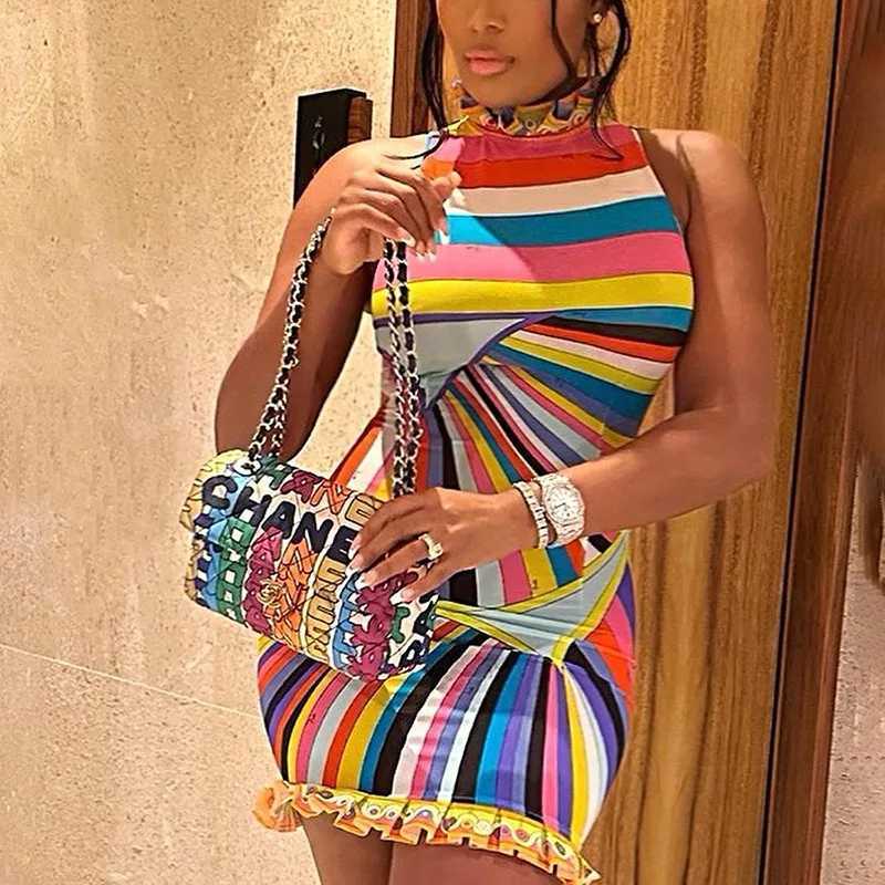 Urban Sexy Dresses Colorful Print Bodycon Mini Dresses Women Slveless Turtleneck Unique Ruched Trend Chic Birthday Party Hip Skirks Y24121275FB