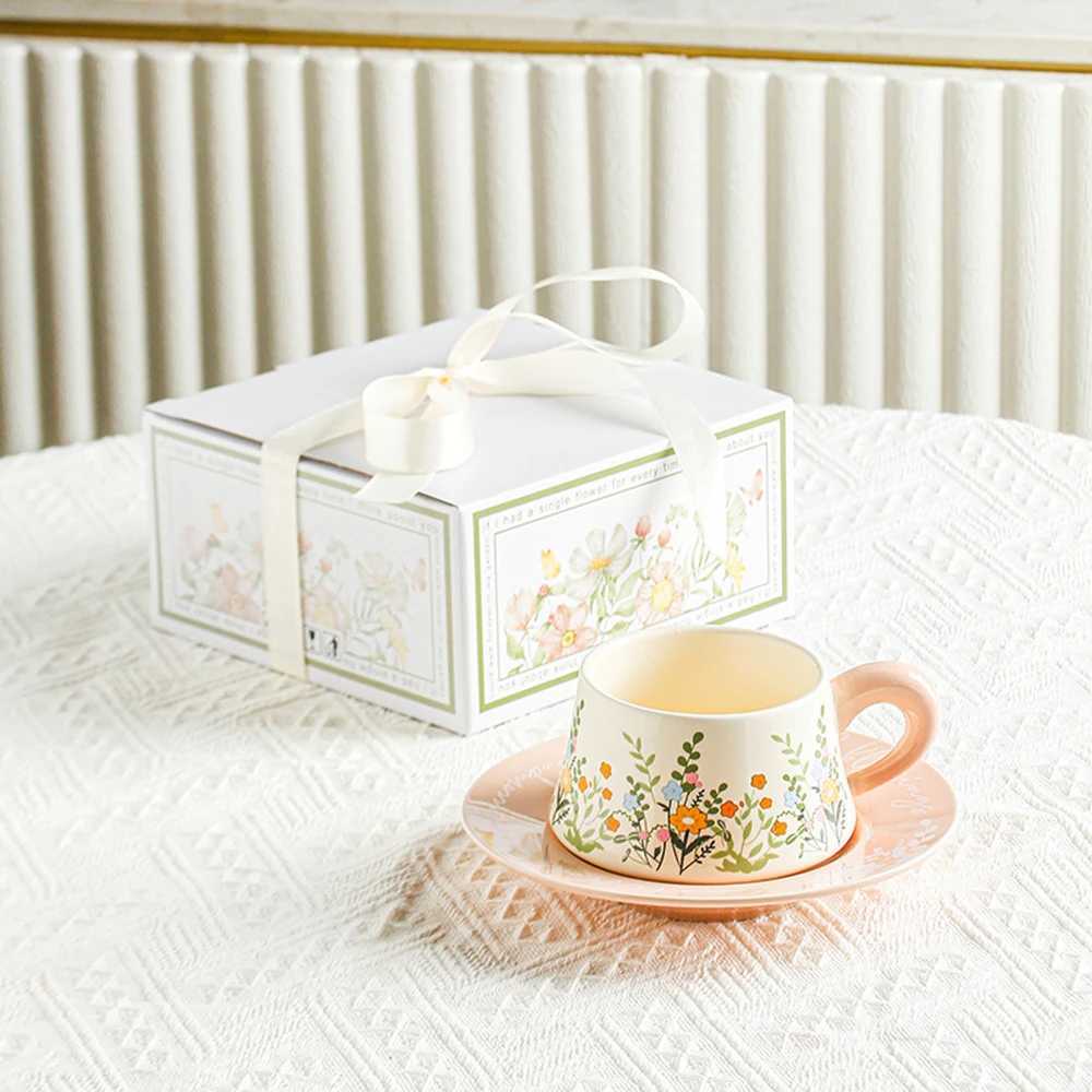 Vintage Ceramic Coffee Cup Exquisite Flower Pattern Ceramic G-Light Luxury Coffee Cup Tableware Set Gift Box Y241211