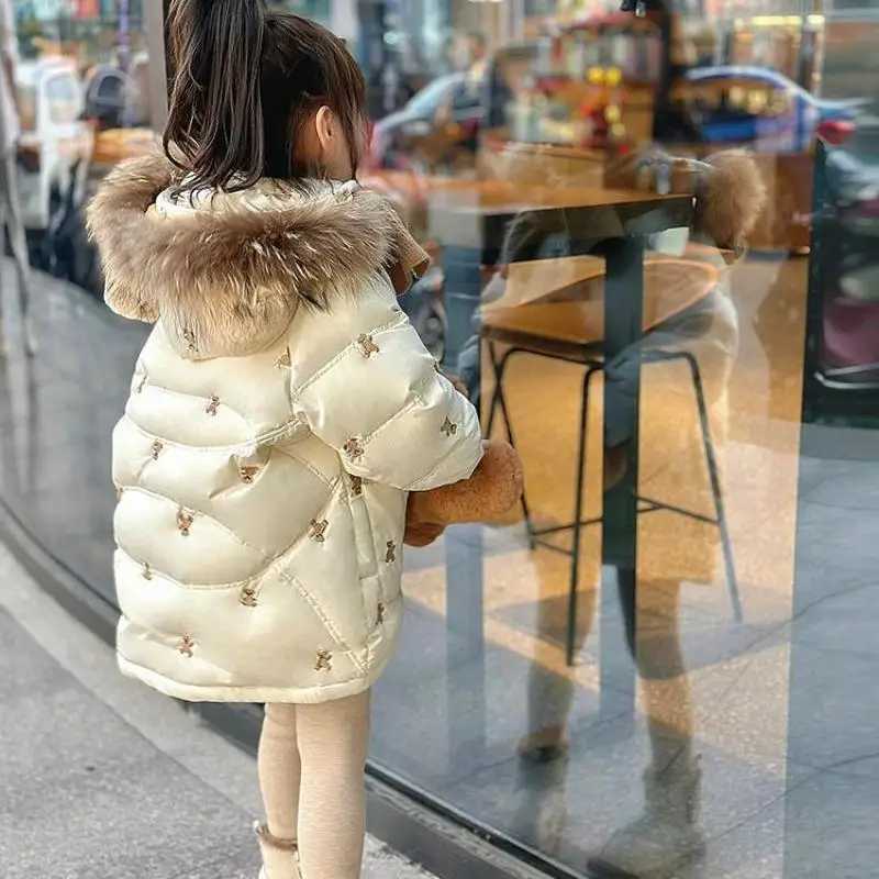 Girls Winter New Teddy Bear Embroidered Cute and Fashionable Windproof Warm Big Fur Collar Hooded Cotton JacketXJ241211