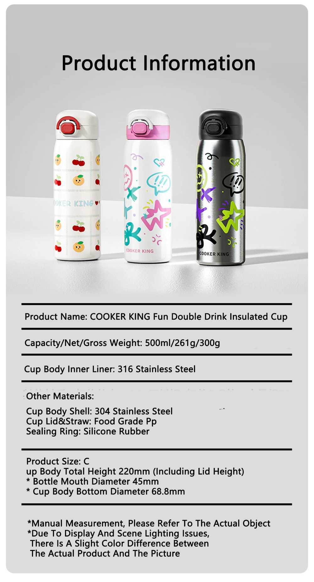 COOKER KING 500ML Large Capacity Insulated Cup Stainless Steel Childrens Water Cup Boys and Girls Student Straw Cup Y241211