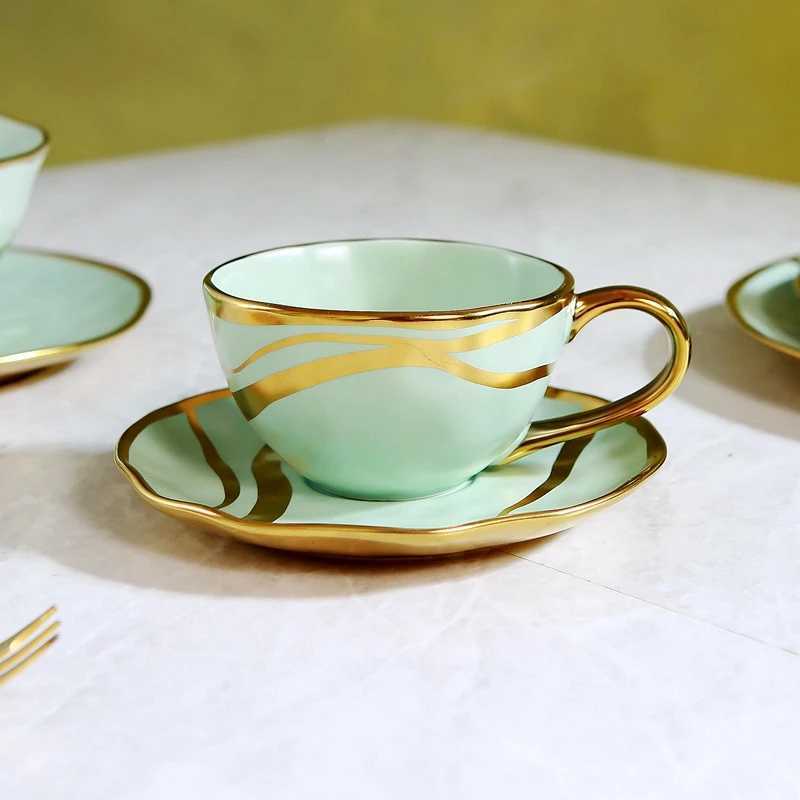 European Style Craft Gold Ceramic Coffee Cup Tableware Set Luxury Cuisine Hotel Western Restaurant Bowl Fruit Pastry Plate Y241211