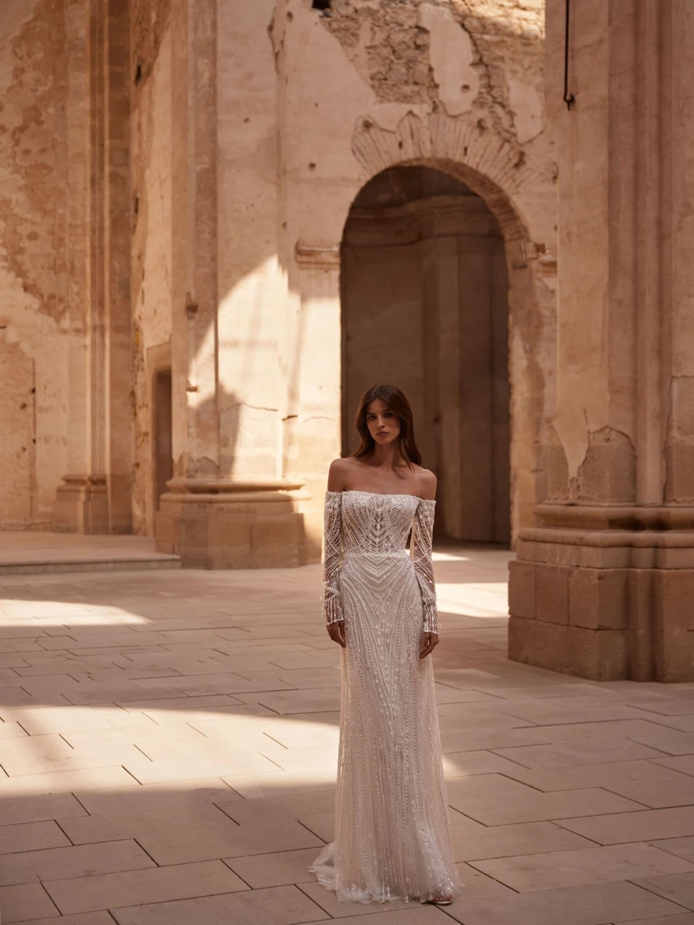 Off The Shoulder Bridal Dress Sequins Pearls Wedding Long Sleeves Ball Gown Detachable Train Vestido De Novia