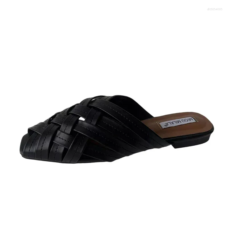 Slippers Cover Toe Mules For Women 2024 Shoes Female Low Slides Fashion Square Flat Fabric Hoof Heels Rome PU Spring
