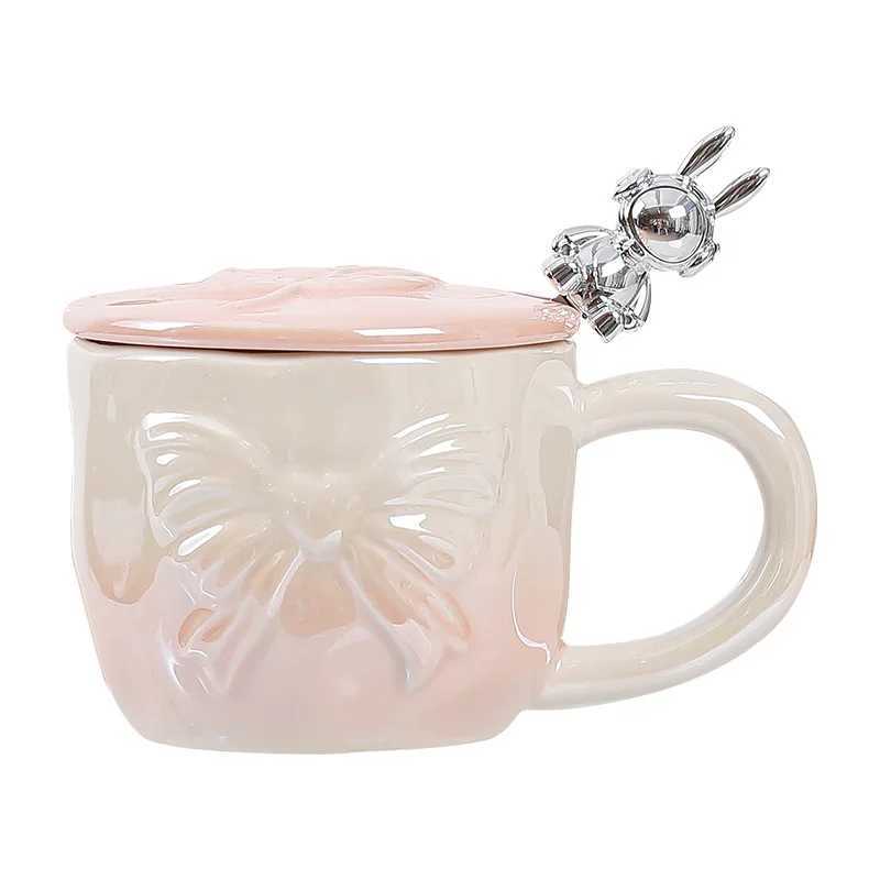Creative Gradient g Pearlescent Gla Ceramic g Bow Tie Coffee g Lid n Spoon Gift for Friends and Family Y241211