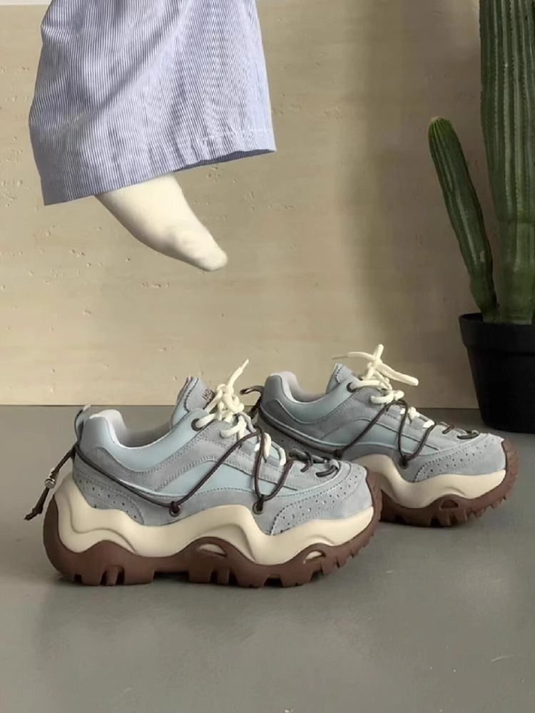 Women Sports Shoes:Thick Sole Increase Height Chunky Leather Seasons Retro Casual Style Running Shoes Training Sneakers,Blue/Brown,fashion