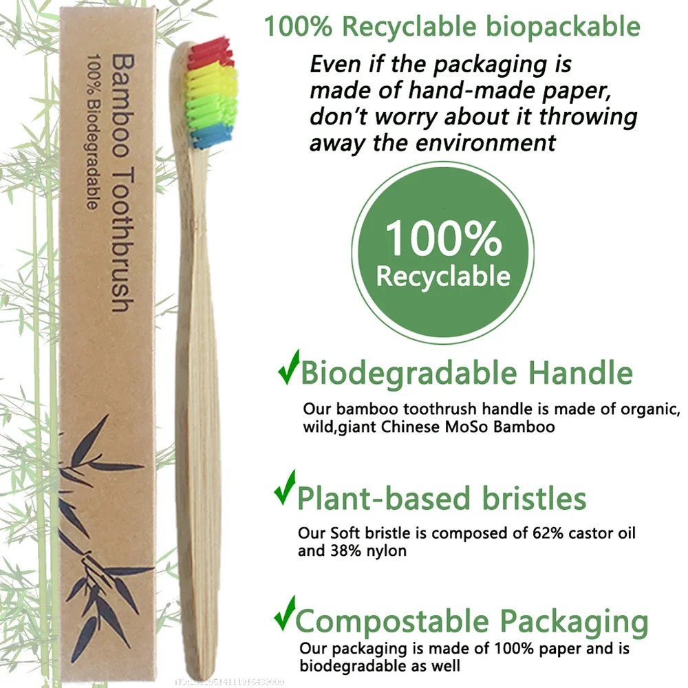 50/Pack Natural Bamboo Toothbrush Wood Toothbrushes Soft Bristles Capitellum Fiber Teeth brush Eco-Friendly Oral Care wholesale 241212