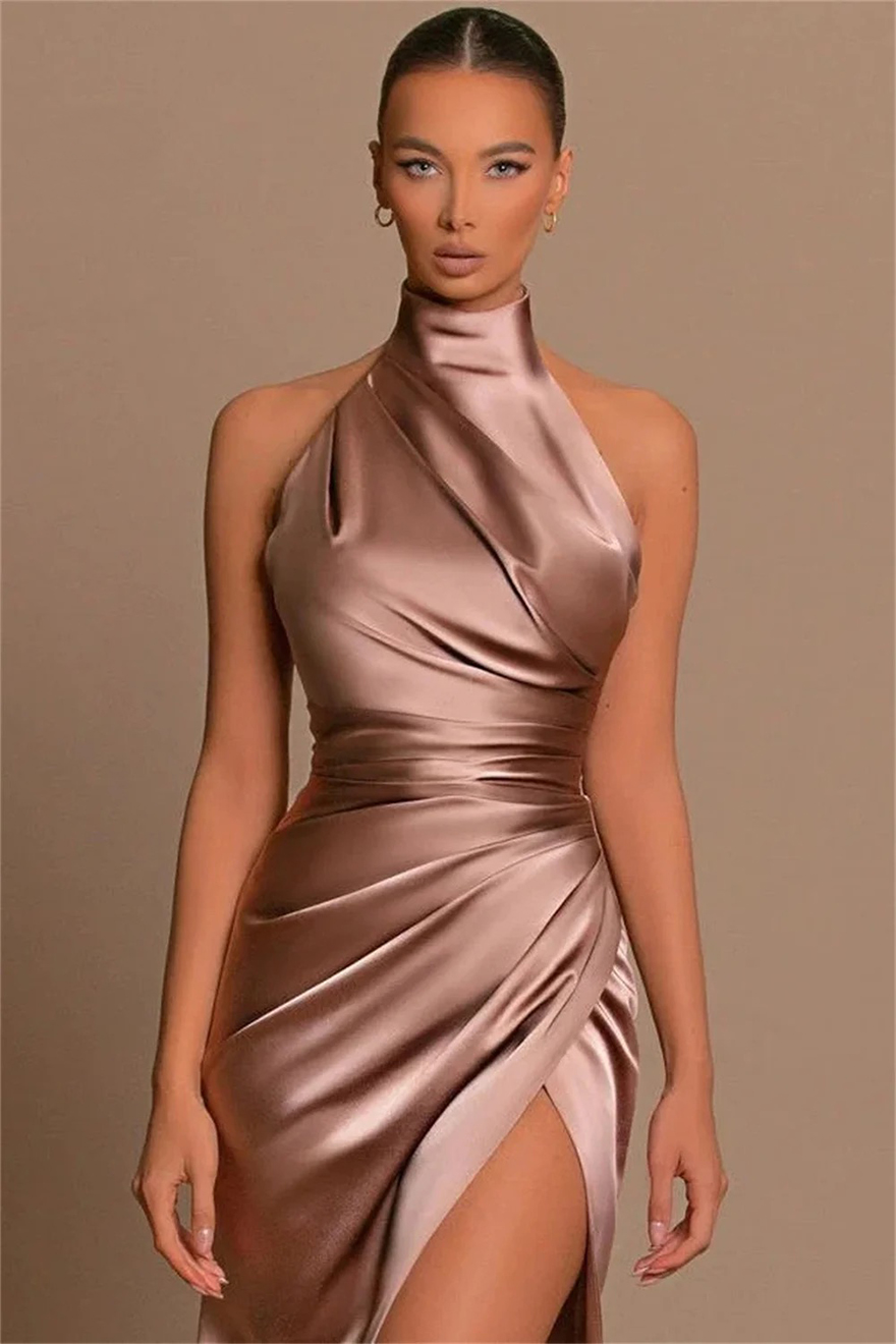 Halter Bridesmaid Dresses For Women 2024 Elegant Satin Prom Dress with Split Long Ruched Evening Party Gowns