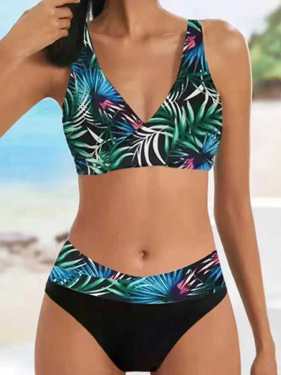V Neck Bikini Set 2024 Women Stripe Print Patchwork Swimwear Summer Beachwear Swimsuit Fa Bathers Bathing Swimming Suit 2XLXJ241212