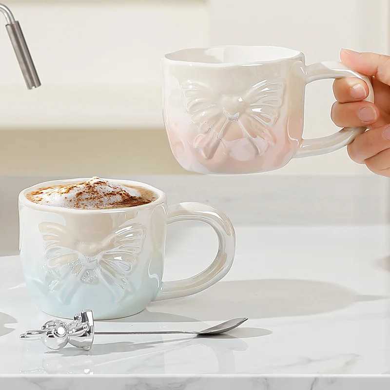 Creative Gradient g Pearlescent Gla Ceramic g Bow Tie Coffee g Lid n Spoon Gift for Friends and Family Y241211