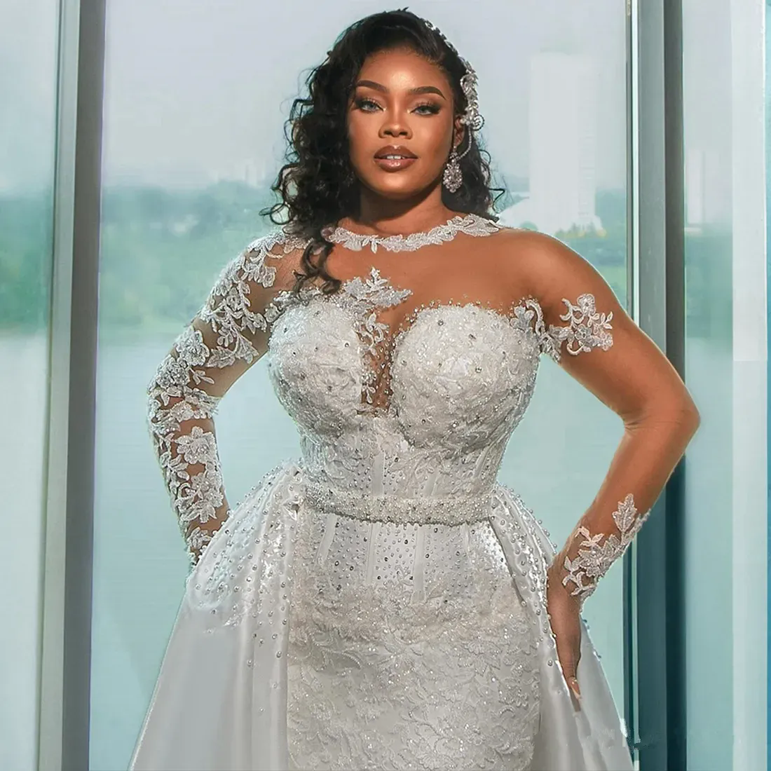 Plus Size Illusion Mermaid Wedding Dresses Long Sleeves Bridal Gowns With Detachable Train Beaded Lace Wedding Gown for African Black Women Brides