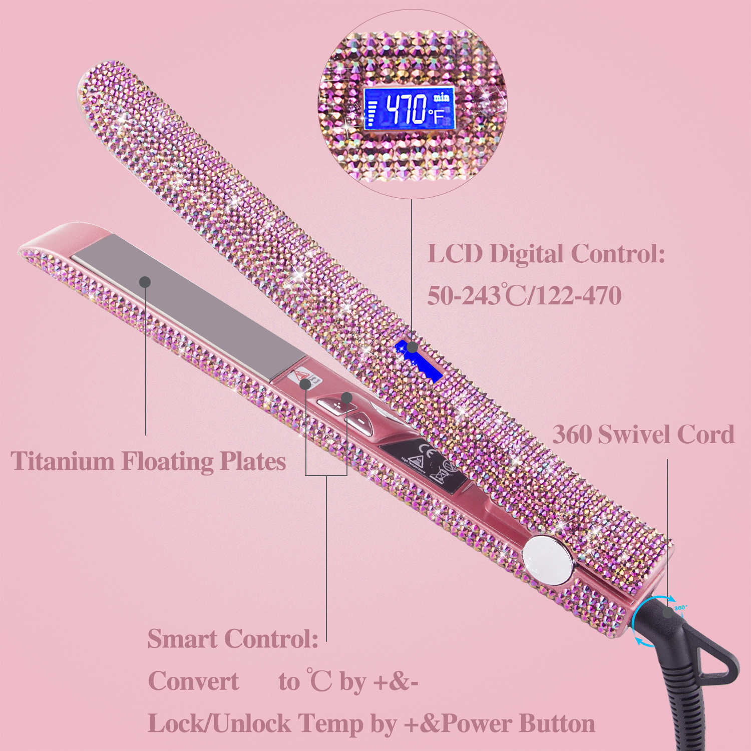 Plancha Para Cabello 2-inch flat iron professional titanium straightener with rhinestone heated 480 CL240923