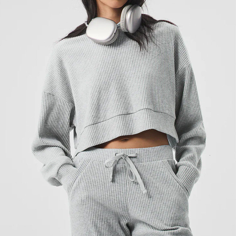 Alo Autumn Winter Corduroy Sports And Leisure Set, Pullover Hooded, Loose Fit Fitness Running Hoodie, Long Sleeved For Women
