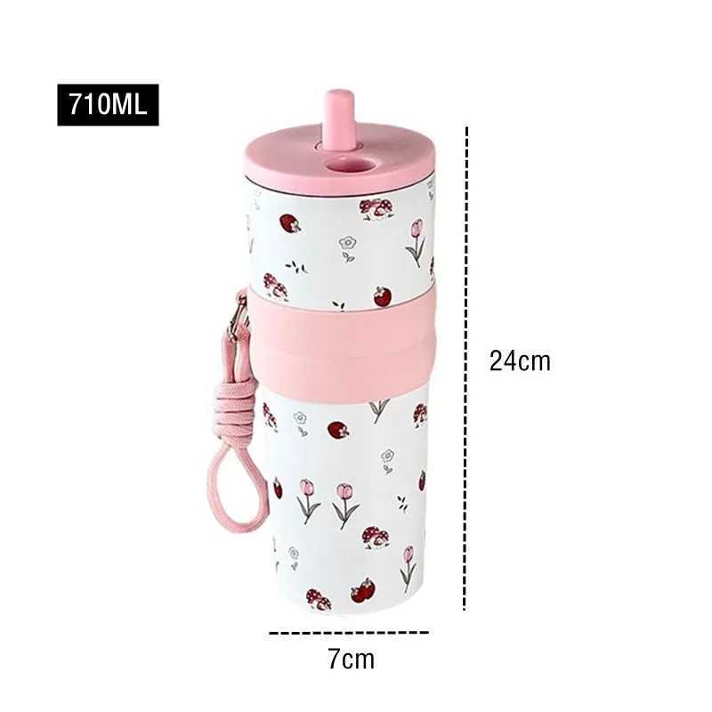 710ml fashionable flower stainless steel 316 vacuum film with leak proof coffee tea cold drinks car thermostat travel Y241211