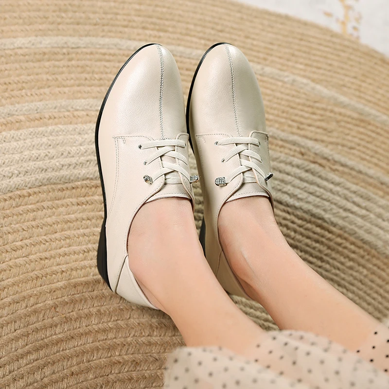 AIYUQI Women Shoes British Style Spring Genuine Leather Lace-up Women Shoes Non-slip Mom Casual Shoes Women