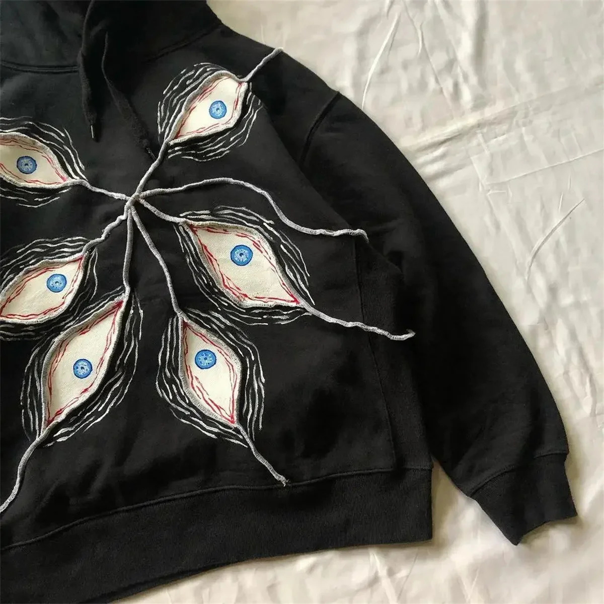 Gothic retro eye patch work hoodie Y2K loose zipper mens fashionable punk long sleeved sportswear Harajuku casual top 241211