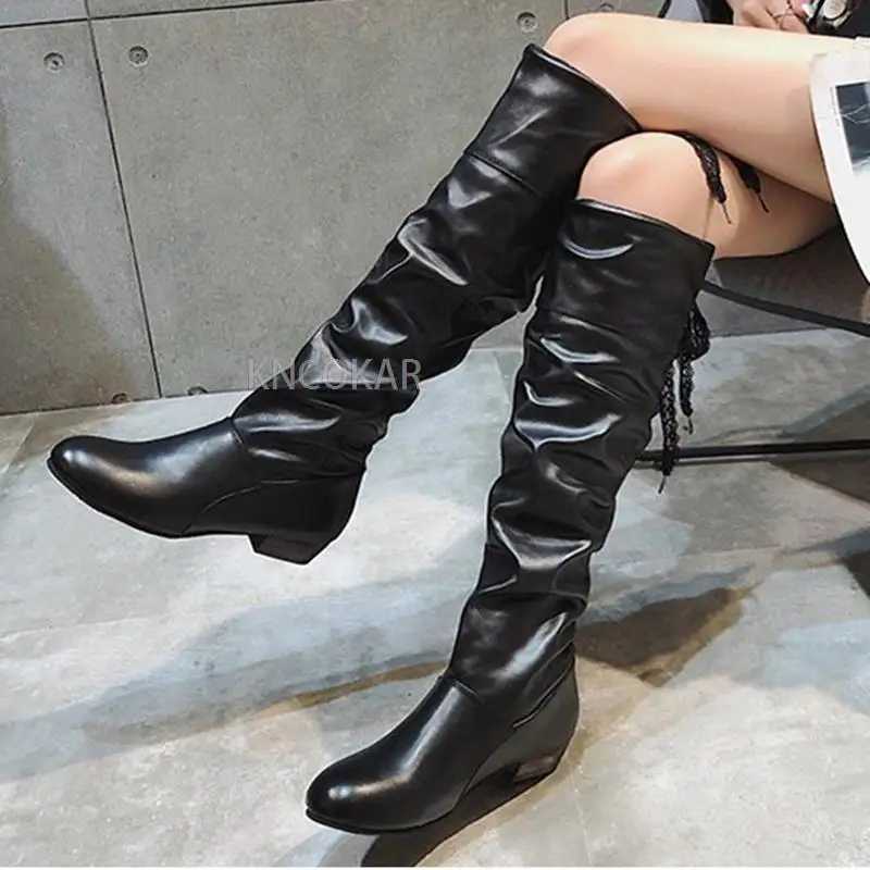 Wen 2023 Spring Knee hot High Red Black White Tall Boots Wan Pleated Low Heel Casual Leather Fem Long Shoes Z241212