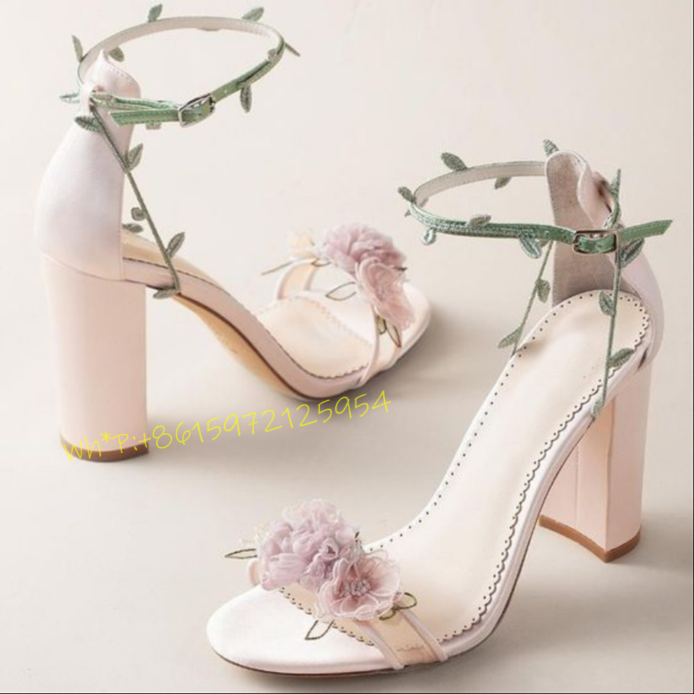 Purple Wers Thick Heel Women Elegant Wedding Green Leaf Decor Lovely Sandals Female Summer Outfit Party Evening Shoes