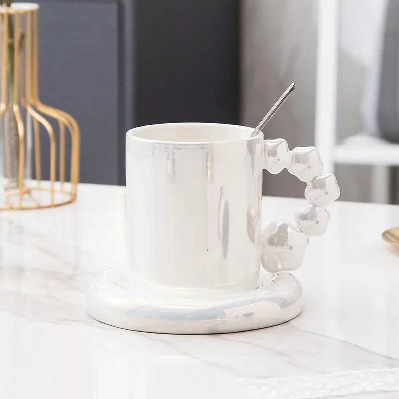 Colorful pearl ceramic coffee cup gold plate light luxurious Nordic style tea breakfast water g Y241211